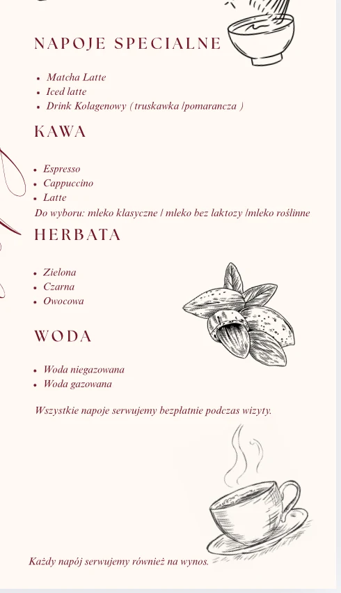 Menu napojów OG Cosmetology: matcha, kawa, herbata, woda i koktajl kolagenowy